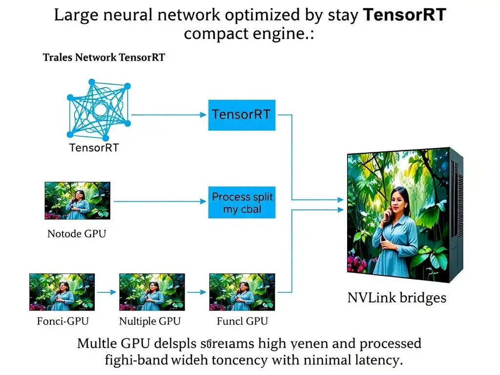 A schematic illustrating a large neural network model being optimized by TensorRT into a compact engine, which is then deployed across multiple GPUs connected directly by high-bandwidth NVLink bridges, showing how video streams are split and processed concurrently with minimal latency.