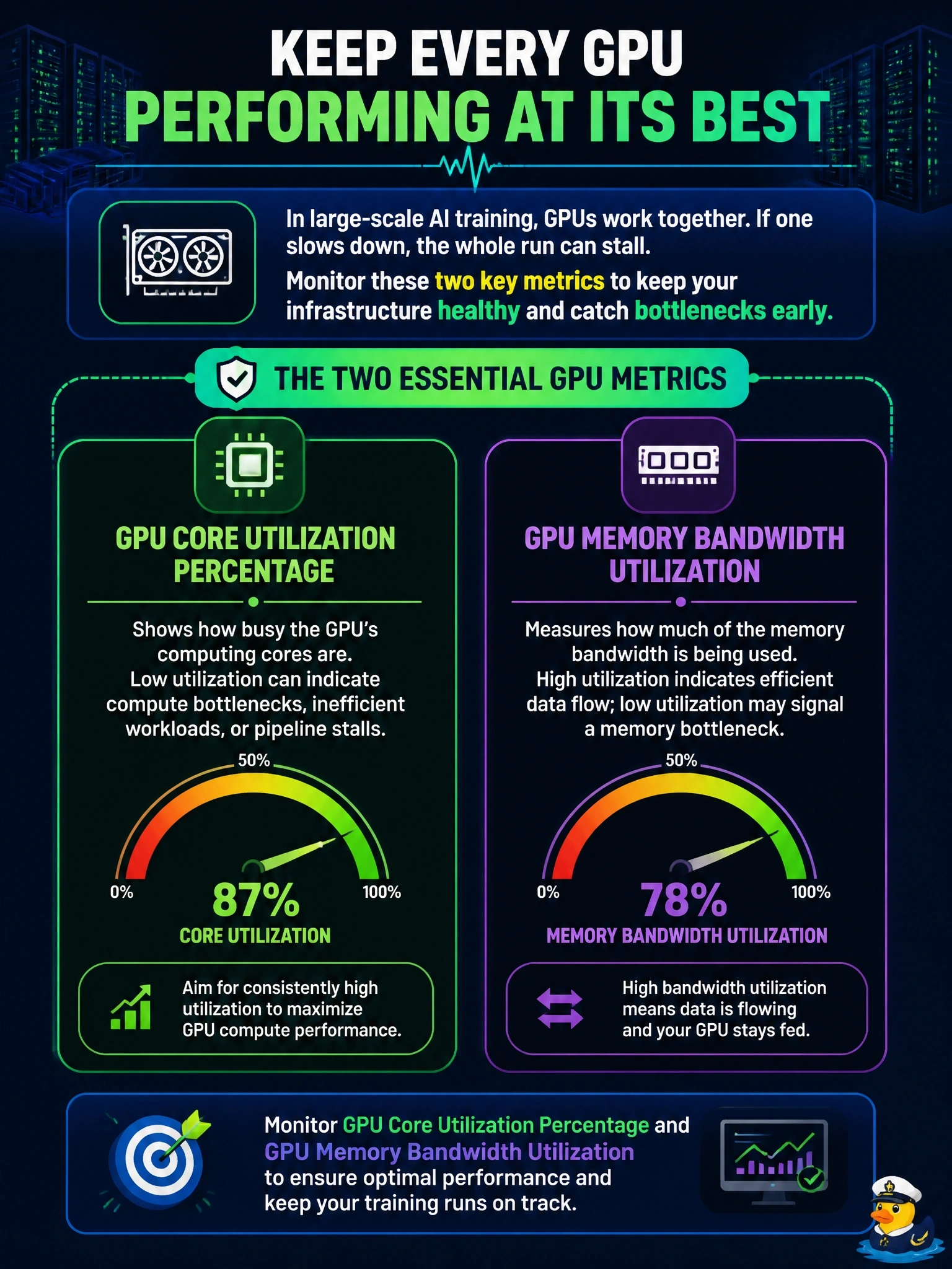 To Create an exciting colorful infographic that explains the concepts in the question: Question: Your operations team is tasked with monitoring a large-scale AI infrastructure where multiple GPUs are running heavy training workloads in parallel. Since these GPUs are highly interdependent, a slowdown on one card can cause the entire training run to stall. Which two metrics are most essential to monitor on the GPUs to ensure optimal performance and catch bottlenecks early? (Select two) Correct Answer: GPU core utilization percentage.; GPU memory bandwidth utilization. Put EVERY visible label in double quotes. No people. No A/B/C/D letters. In one of the four corners put a little "Navy Duck".