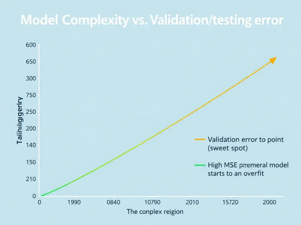 A comparison chart of model complexity versus error rates (training error vs. validation/testing error). It should show training error continuously decreasing as complexity increases, while validation/testing error decreases to a point (sweet spot) and then sharply increases as the model starts to overfit, highlighting the high MSE region for complex models.