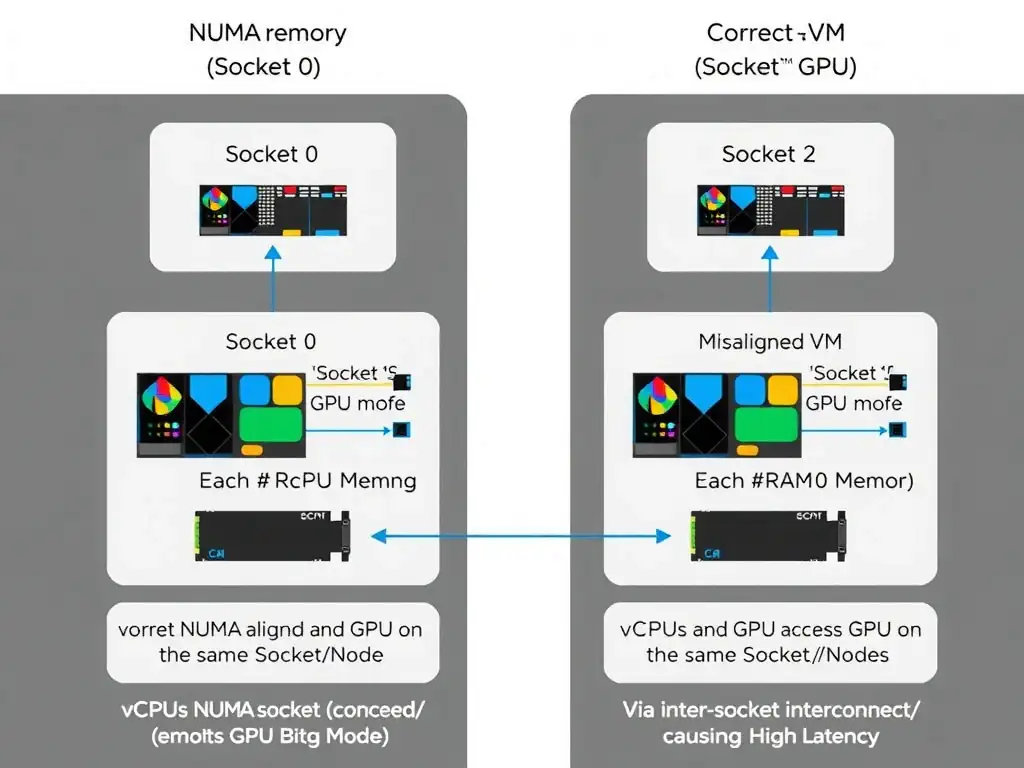 A diagram showing a multi-socket server architecture with two NUMA nodes (Socket 0 and Socket 1). Each socket has its own local memory (RAM) and a connected GPU via PCIe. The diagram should illustrate the contrast between a correct NUMA-aligned VM (vCPUs and GPU on the same Socket/Node) and a misaligned VM (vCPUs on one socket accessing a GPU on the other socket via the inter-socket interconnect, causing high latency).