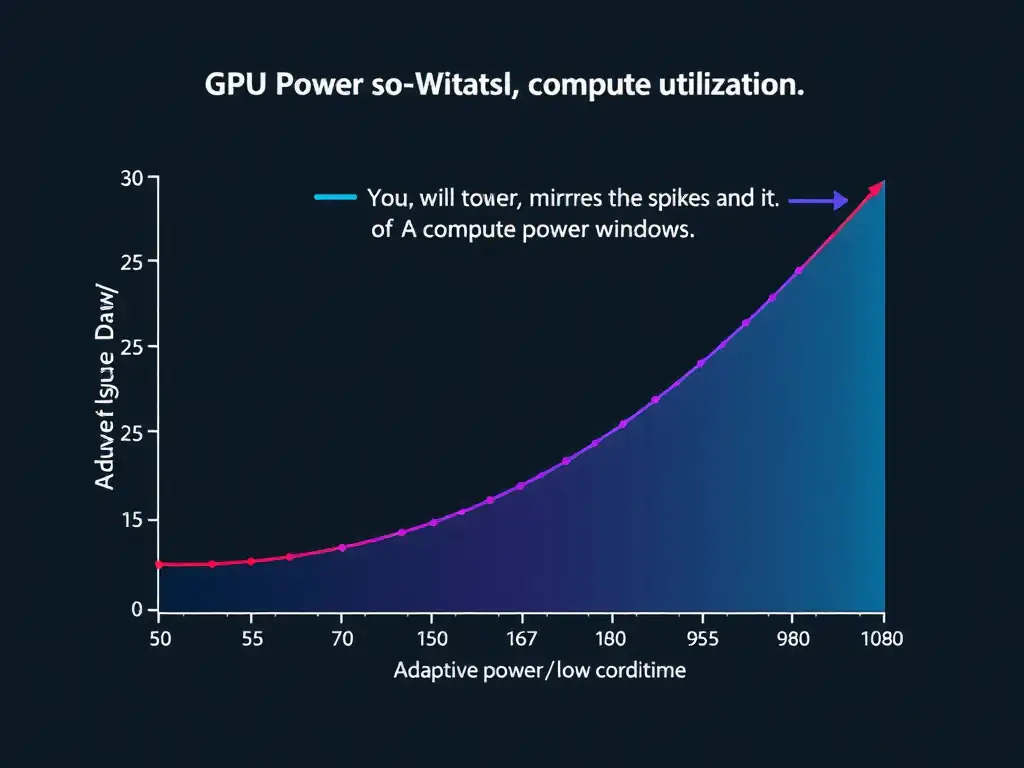 A conceptual graph comparing GPU power usage (Watts) and compute utilization over time. It should show two curves: one with constant maximum power draw (non-adaptive) and one with adaptive power management where the power curve dynamically mirrors the spikes and troughs of the compute utilization curve, highlighting the energy saved during low-utilization windows.