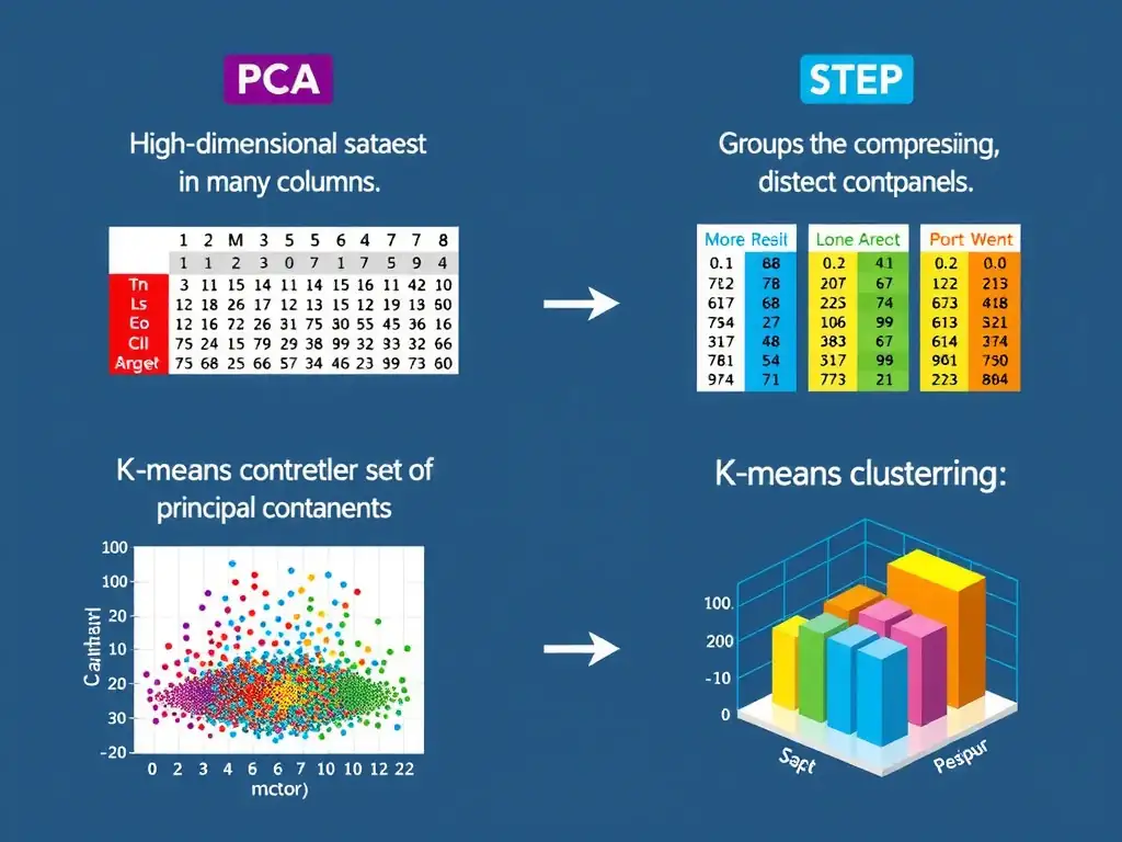 A multi-step diagram showing a high-dimensional dataset (a large table with many columns) passing through a PCA step (which compresses the columns into a smaller set of principal components), followed by a K-means clustering step that groups the compressed data points into distinct, color-coded clusters on a 2D or 3D scatter plot.