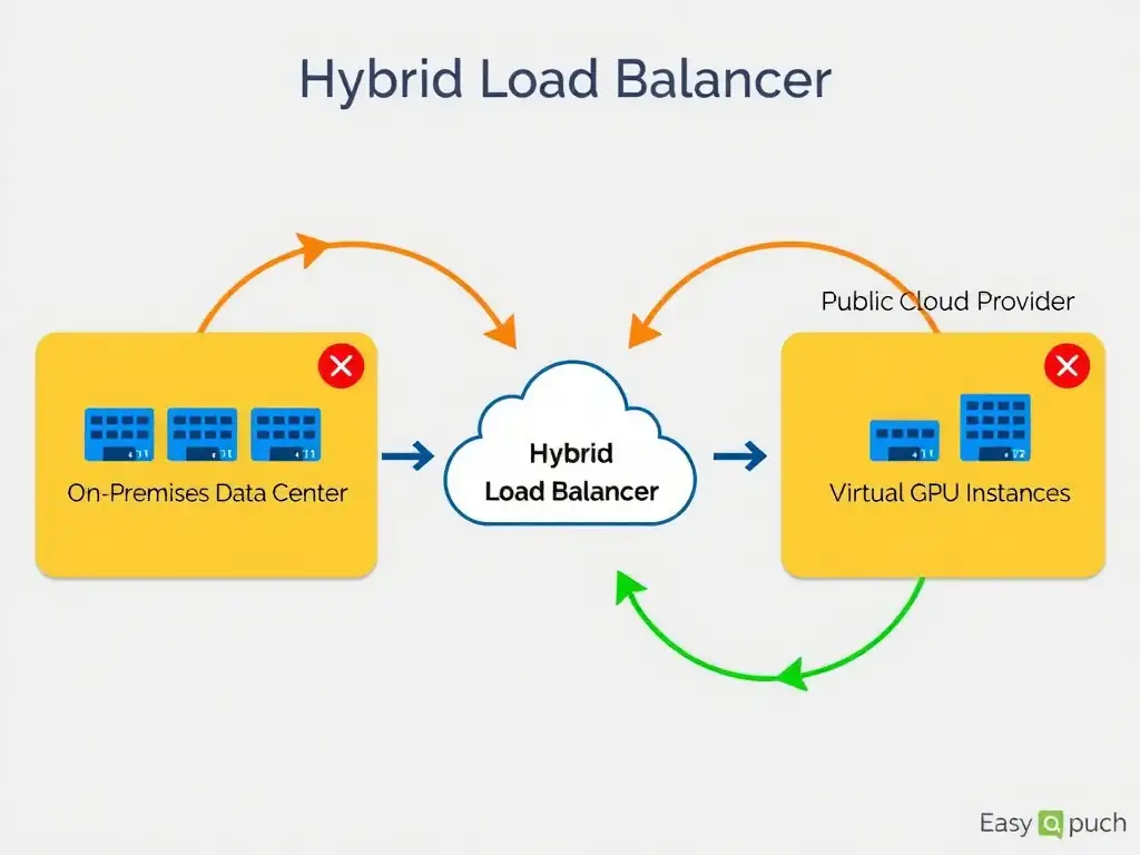 An architectural diagram showing a Hybrid Load Balancer at the center. On one side is an 'On-Premises Data Center' with GPU clusters, and on the other is a 'Public Cloud Provider' with virtual GPU instances. Arrows show the load balancer dynamically routing tasks and traffic to both sides based on capacity, with a red cross on a failed node and a green arrow rerouting tasks to an active node.