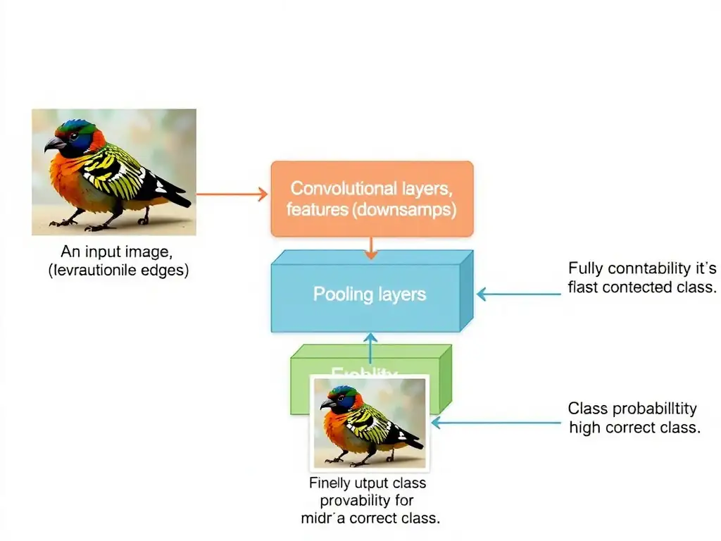 A diagram illustrating the architecture of a Convolutional Neural Network (CNN). An input image of an object passes through multiple layers: convolutional layers (extracting features like edges), pooling layers (downsampling), fully connected layers, and finally outputting class probabilities with high confidence for the correct class.