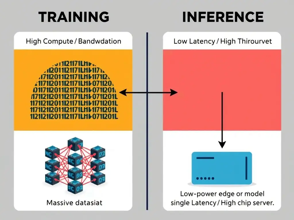 A split diagram comparing training and inference. The training side shows a massive dataset, double-headed arrows indicating forward and backward propagation, and a cluster of multiple interconnected GPUs under a 'High Compute / High Bandwidth' banner. The inference side shows a single input query, a forward-only arrow through the model, and a single low-power edge chip or server under a 'Low Latency / High Throughput' banner.