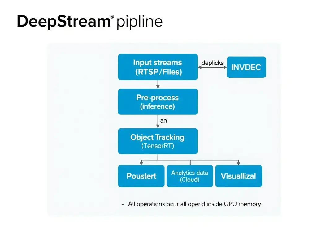 A block diagram of a DeepStream pipeline. It should show input streams (RTSP/Files) entering a Decode block (NVDEC), followed by a Pre-process block, an Inference block (TensorRT), an Object Tracking block, a Visualizer block, and finally outputting analytics data (Kafka/Cloud) and metadata, highlighting that all operations occur inside GPU memory.