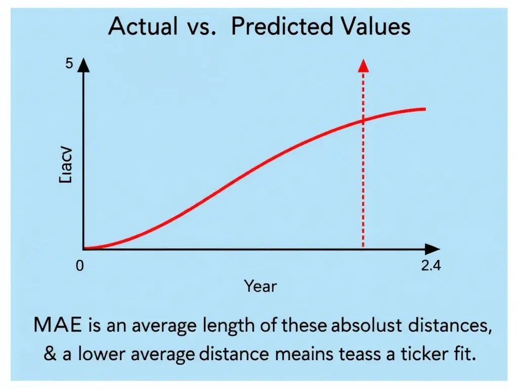 A graph showing actual vs. predicted values for a regression model. Vertical lines (residuals/errors) should be drawn from the actual data points to the prediction line. The text should explain that MAE is the average length of these absolute vertical distances, and a lower average distance means a tighter fit.