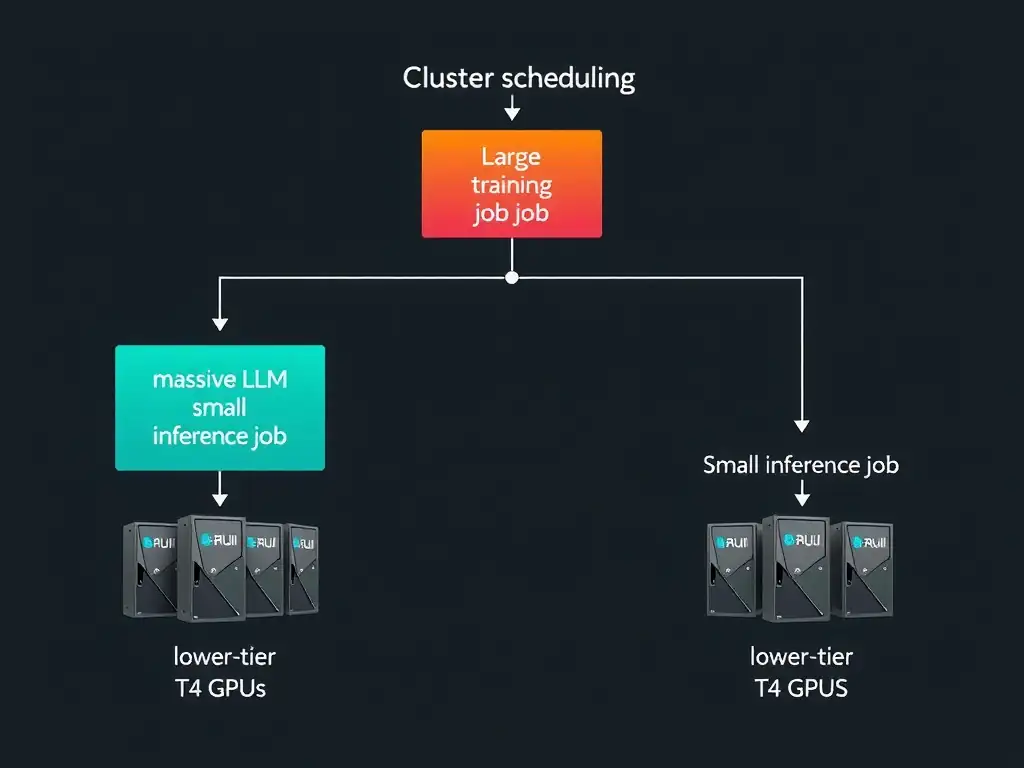 A cluster scheduling diagram showing incoming workloads of different sizes (a massive LLM training job vs. a small inference job) being routed by an Orchestrator. The orchestrator routes the large LLM job to a cluster of powerful H100 GPUs, and the small inference job to lower-tier T4 GPUs, illustrating optimal resource matching.