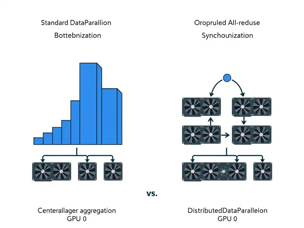 Visual diagram comparing centralized gradient aggregation (like standard DataParallel with a bottleneck GPU 0) versus decentralized all-reduce synchronization (like DistributedDataParallel showing overlapping computation and communication across multiple GPUs).