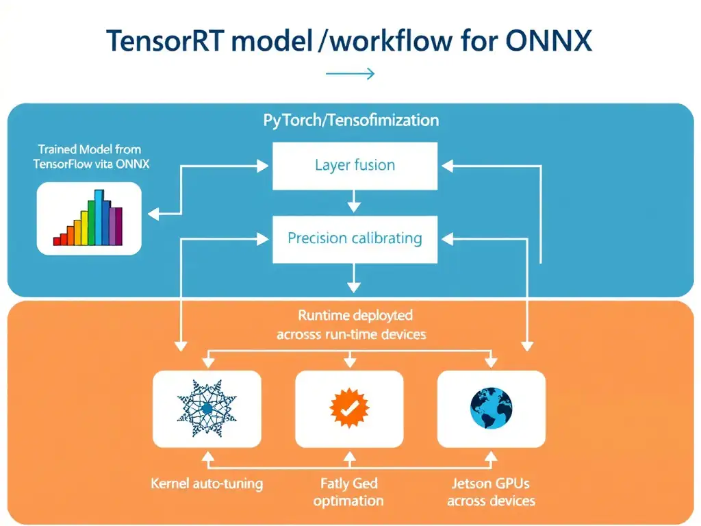 A workflow diagram illustrating the compilation process of a trained model (from frameworks like PyTorch/TensorFlow via ONNX) passing through TensorRT optimization steps (layer fusion, precision calibration, kernel auto-tuning) to produce an optimized runtime engine deployed across cloud GPUs and Jetson edge devices.