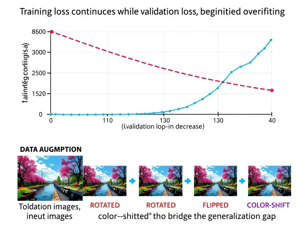 A conceptual graph displaying training loss continuing to decrease while validation loss begins to rise (indicating overfitting), accompanied by a visual representation of data augmentation showing a single input image transformed into multiple variants (rotated, flipped, color-shifted) to bridge the generalization gap.