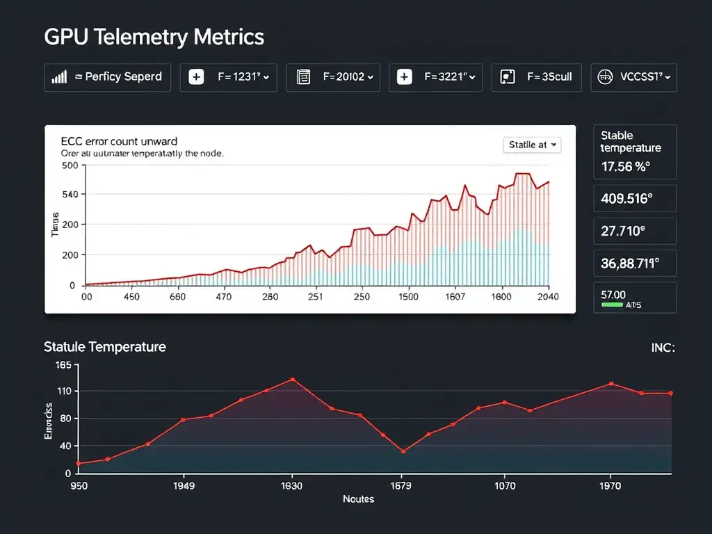 A dashboard mockup highlighting GPU telemetry metrics, showing a graph where ECC error count spikes upward over time, prompting an automated administrative action to drain the node, contrasted with stable temperature and clock speed lines.