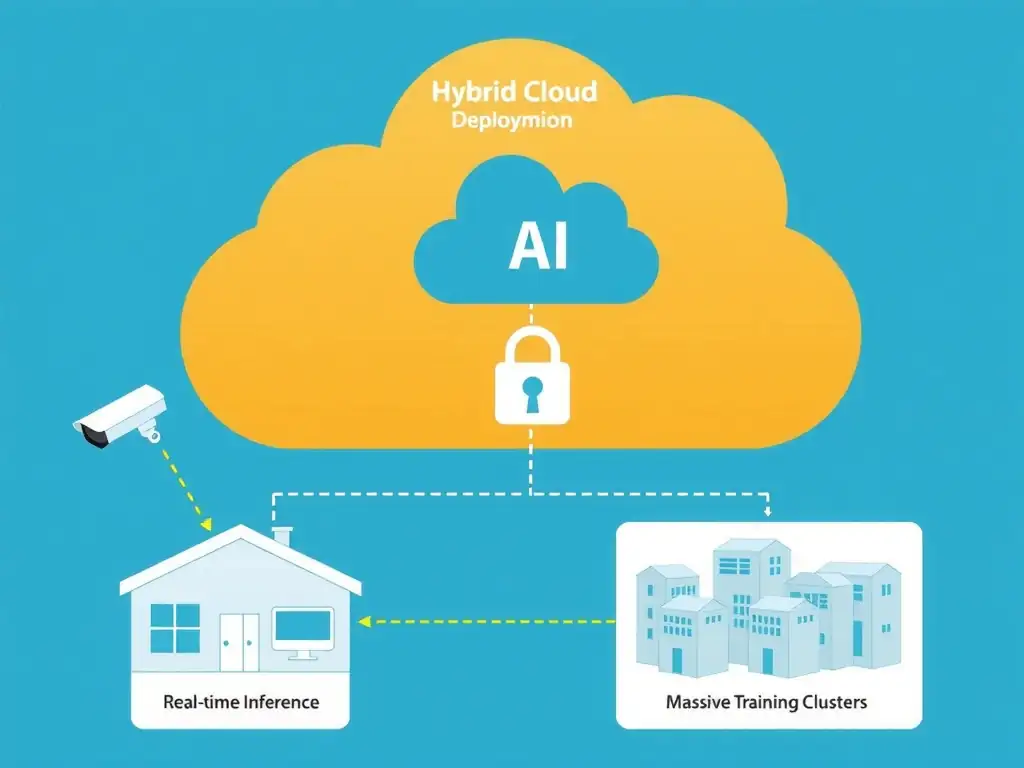 An architectural diagram illustrating a hybrid cloud deployment for AI, showing local cameras feeding into on-premises edge nodes for real-time inference, connected via a secure network tunnel to a public cloud environment where massive training clusters scale up dynamically for model training.
