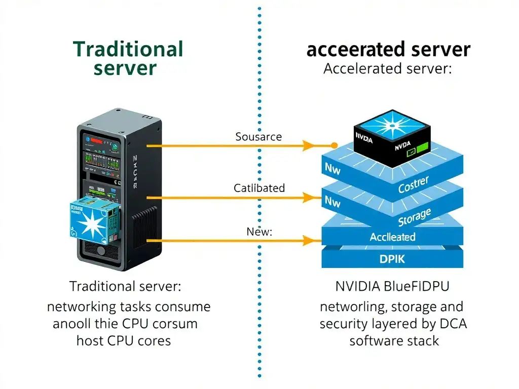 A comparison diagram showing a traditional server where networking tasks consume host CPU cores, versus an accelerated server where an NVIDIA BlueField DPU offloads the networking, storage, and security layers, managed by the DOCA software stack.