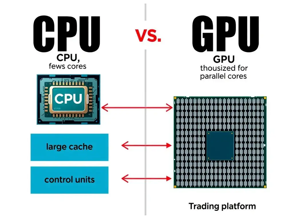A architectural diagram comparing CPU vs. GPU design, showing a CPU with a few large cores, large cache, and control units (optimized for sequential tasks) alongside a GPU with thousands of small cores (optimized for parallel processing), with arrows mapping trading platform tasks to each.
