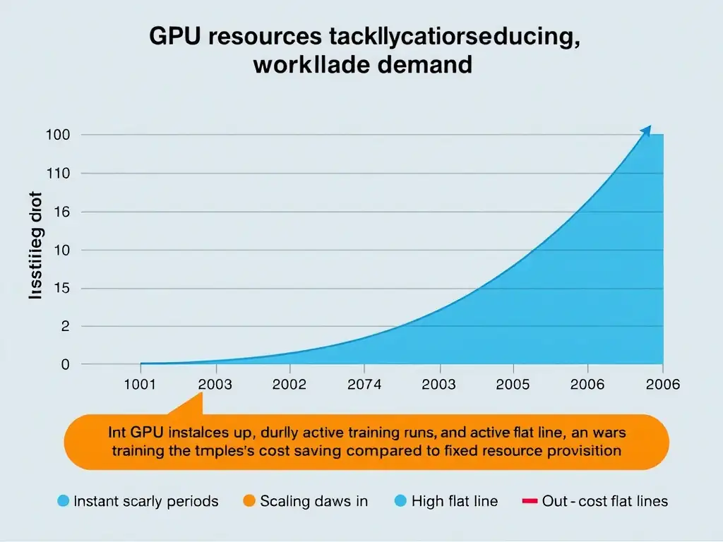 A time-series graph showing GPU resource allocation tracking workload demand, showing instances scaling up during active training runs and scaling down to zero during idle periods, highlighting cost savings compared to a high flat line of fixed resource provisioning.