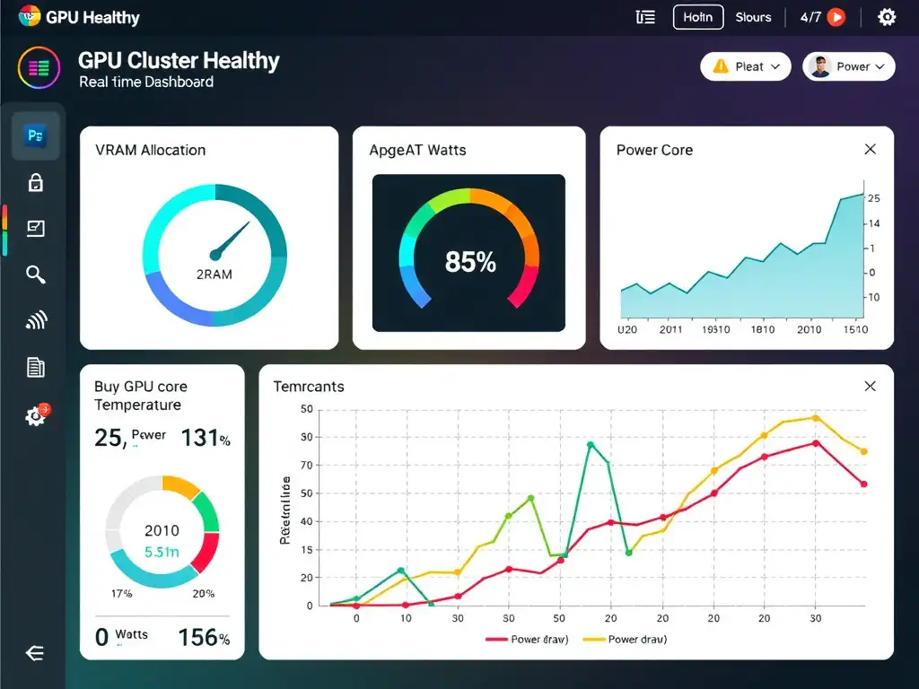 A visual dashboard UI layout showing real-time graphs for GPU cluster health, highlighting a VRAM allocation gauge showing 85% utilization and a dual-axis line graph tracking GPU core temperature in Celsius alongside power draw in Watts.