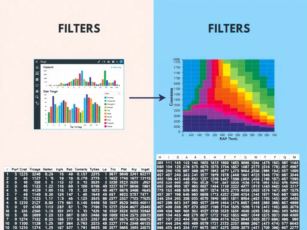 A comparative diagram showing a complex data analysis output, featuring an interactive dashboard interface with filters and a color-coded correlation matrix heatmap, contrasted with a dense spreadsheet of raw numbers.
