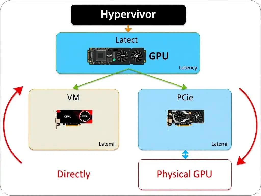 A architecture diagram showing a hypervisor layer with one VM passing through a virtualization abstraction to access a GPU (representing latency), compared directly against another VM using PCIe GPU passthrough to directly access the physical GPU hardware, bypassing the hypervisor.