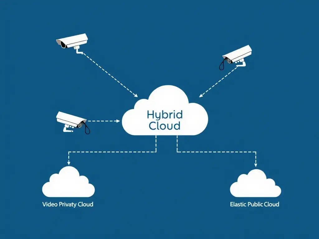 A network architecture diagram showing video cameras connected to local edge computing nodes for preprocessing, which then send filtered metadata to a hybrid cloud environment consisting of a local private cloud and an elastic public cloud.