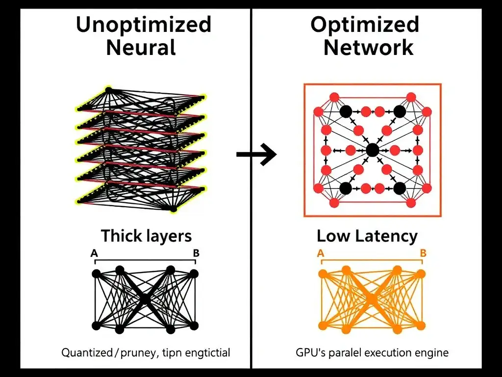 A comparison diagram showing an unoptimized neural network (thick layers, high latency) versus an optimized network (quantized/pruned, low latency) executing on a GPU's parallel execution engine.