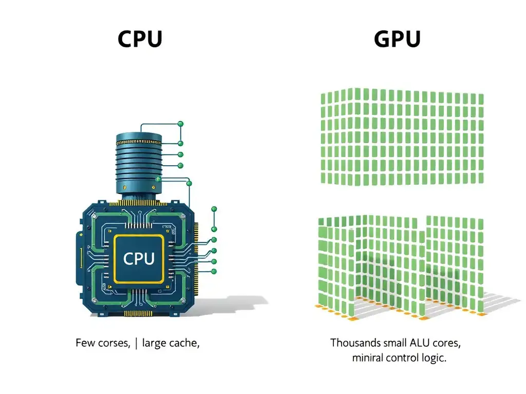 Architectural comparison showing a CPU (few cores, large cache, complex control logic) next to a GPU (thousands of small ALU cores, minimal cache, simple control logic).