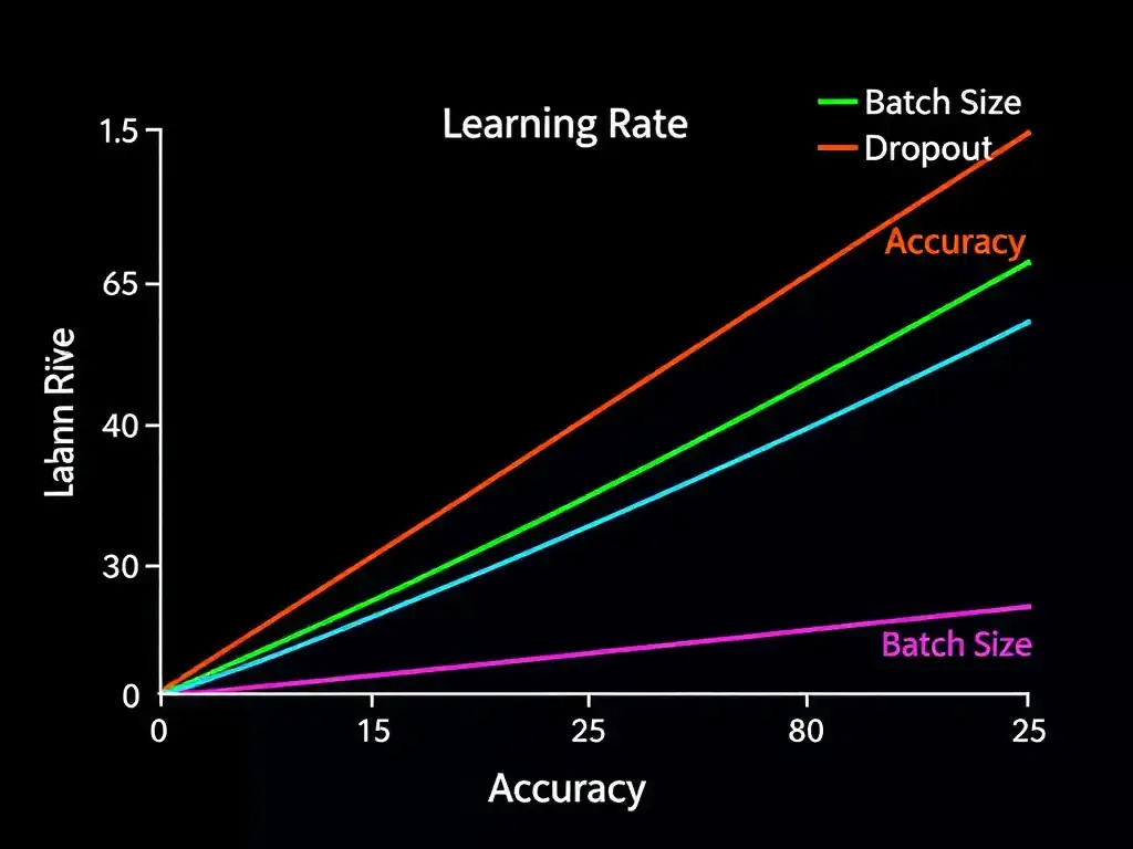 A parallel coordinates plot showing vertical axes for Learning Rate, Batch Size, Dropout, and Accuracy, with colored lines representing different hyperparameter tuning runs connecting the axes.