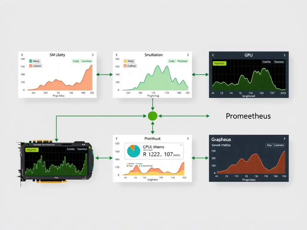 A monitoring architecture diagram showing GPUs sending performance metrics (SM utilization, memory) through NVIDIA DCGM to Prometheus, which displays them on a Grafana dashboard.