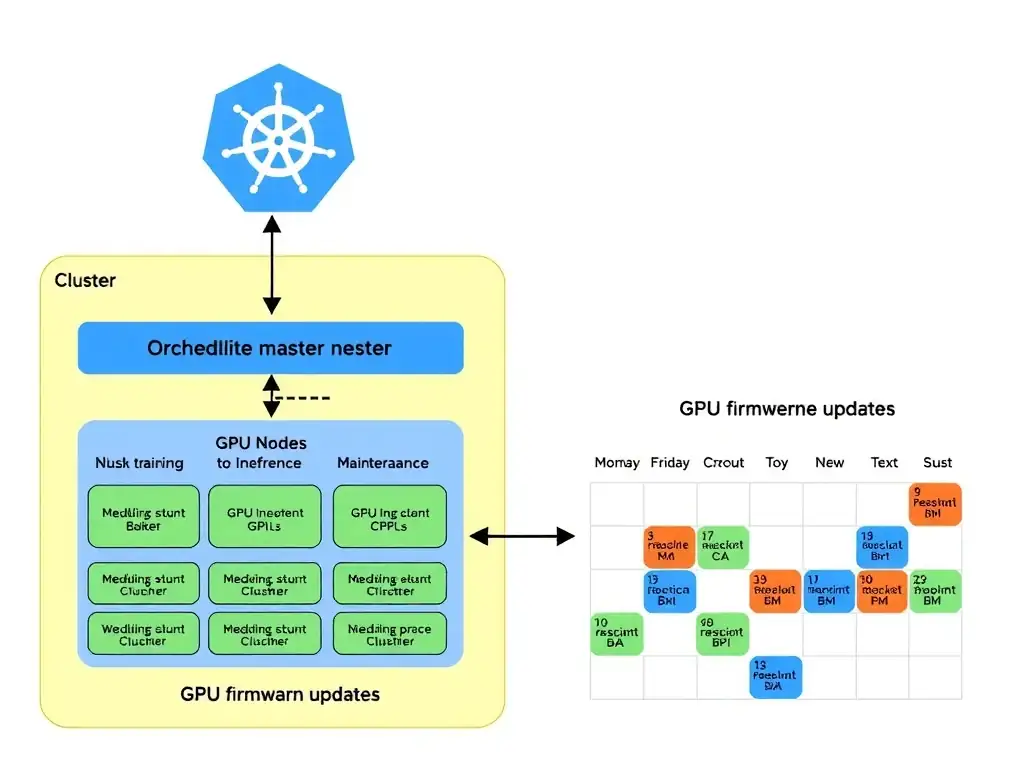 A cluster orchestration diagram showing a Kubernetes master node scheduling inbound training and inference workloads to different GPU nodes based on resource availability, while a maintenance calendar highlights scheduled GPU firmware updates.