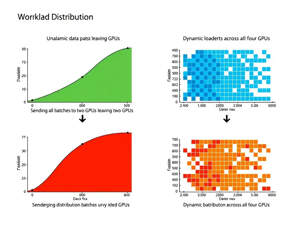 A workload distribution diagram comparing unbalanced data paths (sending all batches to two GPUs, leaving two idle) with balanced data paths (dynamic loader distributing batches evenly across all four GPUs).