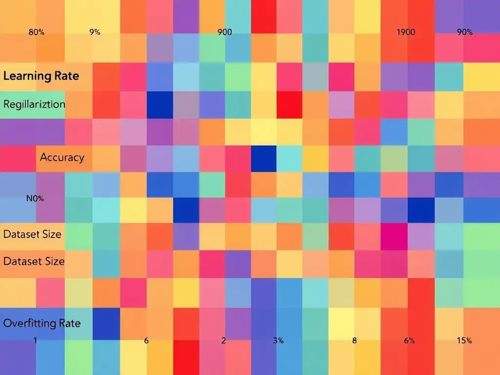 A heatmap representation of a correlation matrix, showcasing variables like Learning Rate, Regularization, Dataset Size, Accuracy, and Overfitting Rate, with cells colored by their correlation coefficients.