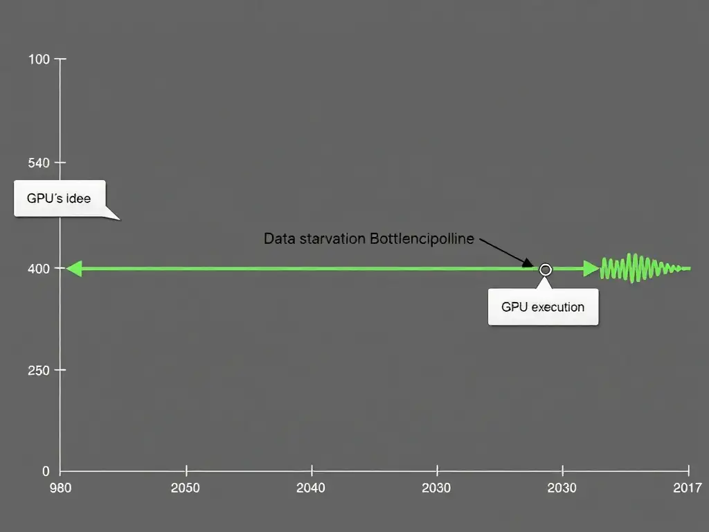 A timeline profiling graph showing a sequence where a GPU is idle (waiting for host CPU data transfer), followed by a brief GPU execution block, illustrating a data starvation bottleneck in the host data pipeline.