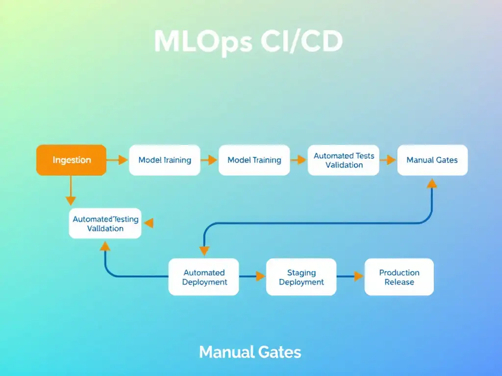 A pipeline flowchart illustrating the automated steps of an MLOps CI/CD pipeline, showing data ingestion, model training, automated testing/validation, staging deployment, and production release, highlighting the elimination of manual gates.