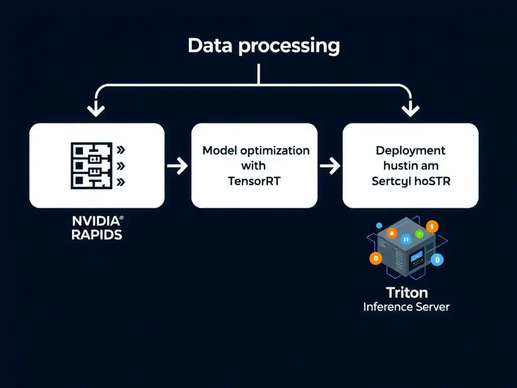 A diagram showing the flow of data through three stages: 1) Data processing using NVIDIA RAPIDS, 2) Model optimization with TensorRT, and 3) Deployment hosting on Triton Inference Server.