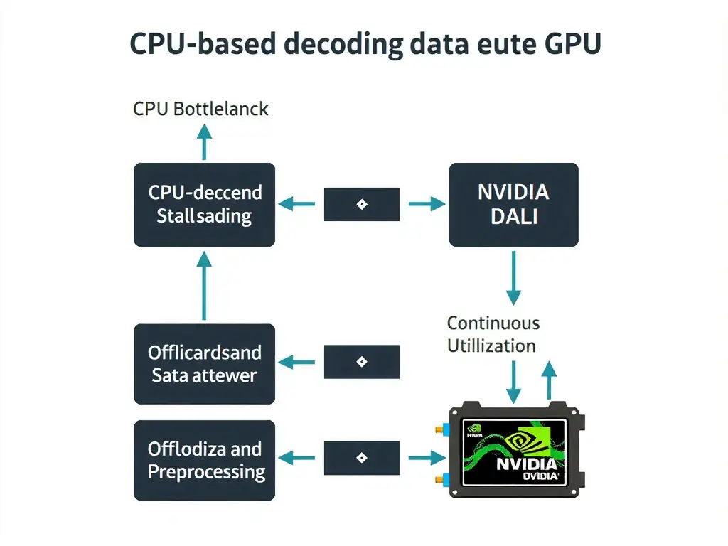 A block diagram showing a CPU bottleneck where CPU-based decoding stalls data flow to the GPU, contrasted with an optimized flow using NVIDIA DALI to offload decoding and preprocessing directly to the GPU for continuous utilization.