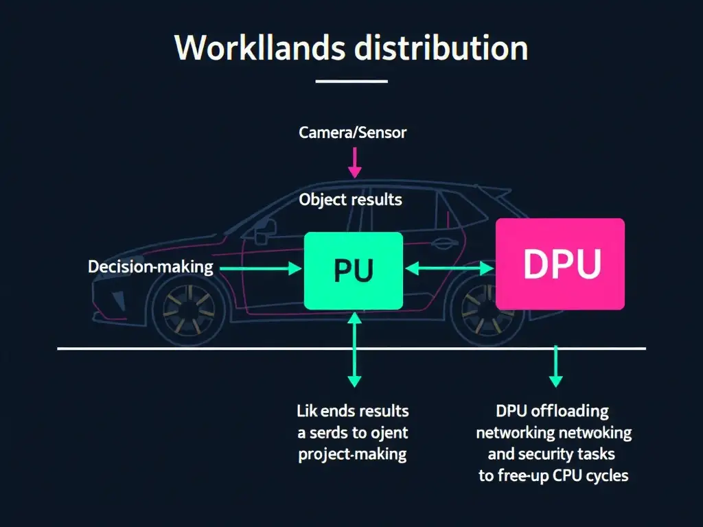 A diagram showing workload distribution in an autonomous vehicle: Camera/Sensor feeds going to the GPU for object detection, the GPU sending results to the CPU for decision-making, and a DPU offloading networking and security tasks to free up CPU cycles.