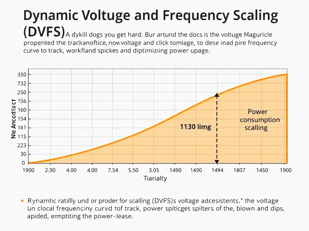 A line graph representing GPU activity and power consumption over time, showing how Dynamic Voltage and Frequency Scaling (DVFS) dynamically adjusts the voltage and clock frequency curve to track workload spikes and dips, optimizing power usage.