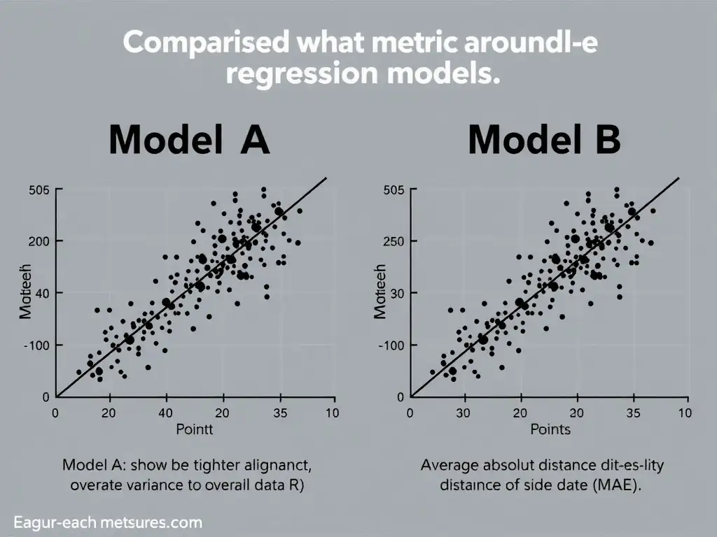 A comparison chart of two regression models, showing data points around a regression line. Model A shows tighter alignment to overall data variance (high R-squared), while Model B's average absolute distance of points (MAE) is compared side-by-side, defining what each metric measures.