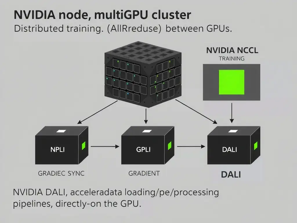A diagram of a multi-node, multi-GPU cluster demonstrating distributed training. It highlights NVIDIA NCCL optimizing gradient sync (AllReduce) between GPUs, and NVIDIA DALI accelerating data loading/preprocessing pipelines directly on the GPU.