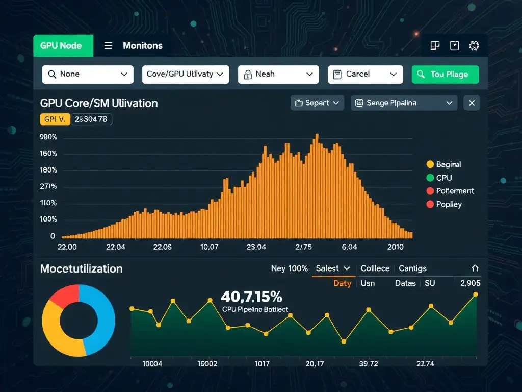A monitoring dashboard view of a GPU node, showing a graph of GPU Core/SM Utilization sitting low (e.g., 15%), indicating underutilization, while CPU utilization is near 100%, demonstrating a data pipeline bottleneck.