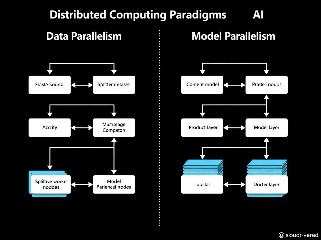 A diagram illustrating distributed computing paradigms for AI: Data Parallelism (splitting dataset across multiple worker nodes) and Model Parallelism (splitting model layers across multiple worker nodes), showing parallel processing loops.