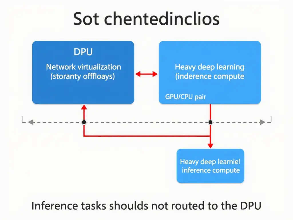 An architectural block diagram showing the separation of concerns between a DPU (handling network virtualization, storage, and security offloads) and a GPU/CPU pair (handling heavy deep learning model inference compute), illustrating why inference tasks should not be routed to the DPU.