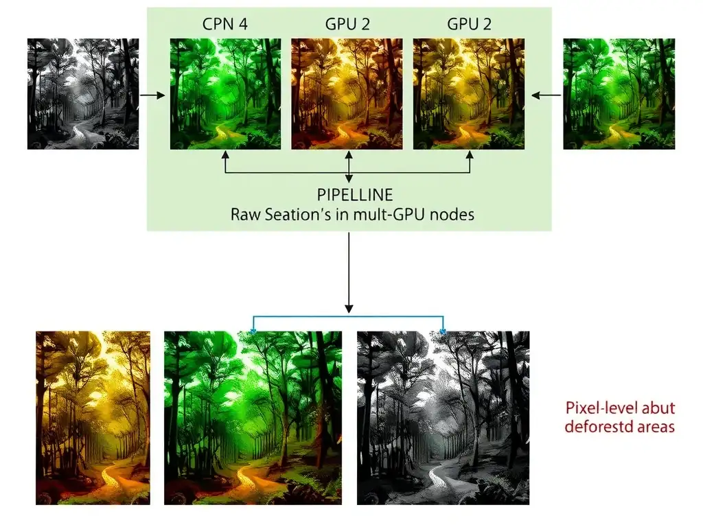 The image should depict a pipeline architecture for distributed satellite image processing. It should illustrate raw satellite images being distributed across a cluster of multi-GPU nodes, showing a Convolutional Neural Network (CNN) performing semantic segmentation (pixel-level classification showing forest vs. deforested areas) on the GPUs.