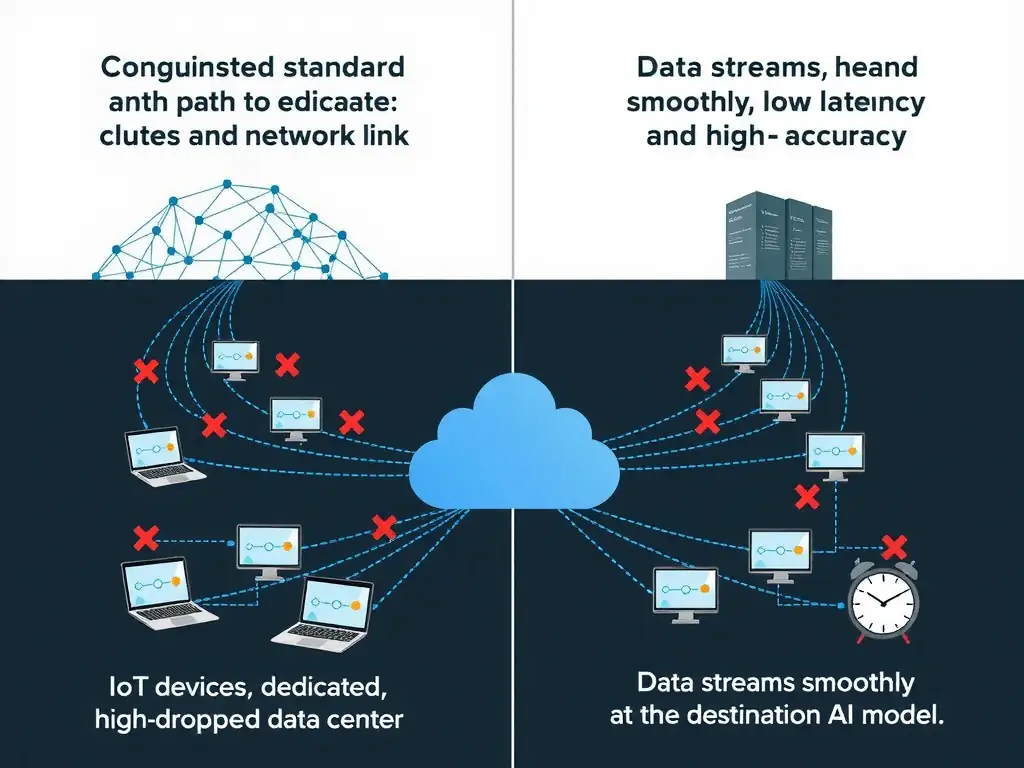 The image should compare a congested standard network path with a dedicated, high-bandwidth network link. It should show IoT devices streaming data to a central cloud data center. On the congested path, packets are delayed and dropped (represented by red crosses and clock icons), while on the dedicated link with QoS, data streams smoothly and continuously, maintaining low latency and high accuracy at the destination AI model.