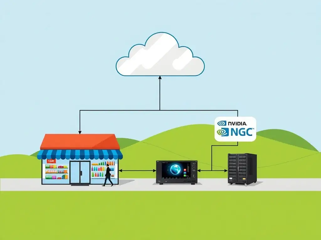 The image should depict an edge-to-cloud architecture. At the retail stores (the Edge), video cameras feed into edge nodes running NVIDIA Triton Inference Server to perform low-latency local inference on GPUs. In the Cloud, NVIDIA NGC acts as a central model registry, distributing optimized models and containers down to the edge Triton servers.