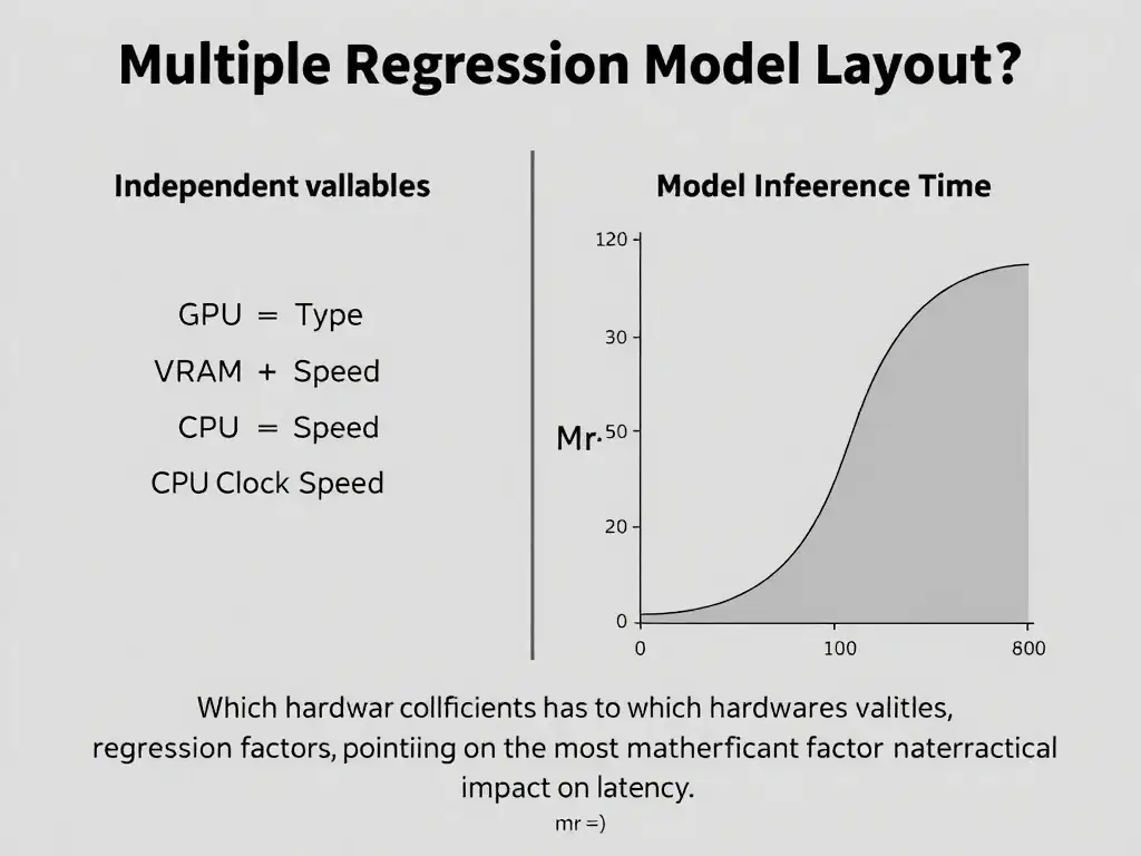 The image should depict a multiple regression model layout. On one side, show independent hardware variables (GPU Type, VRAM Size, CPU Clock Speed) feeding into a regression analysis engine. On the other side, show the dependent variable (Model Inference Time). The graphic should display regression coefficients pointing to which hardware factor has the most significant mathematical impact on latency.