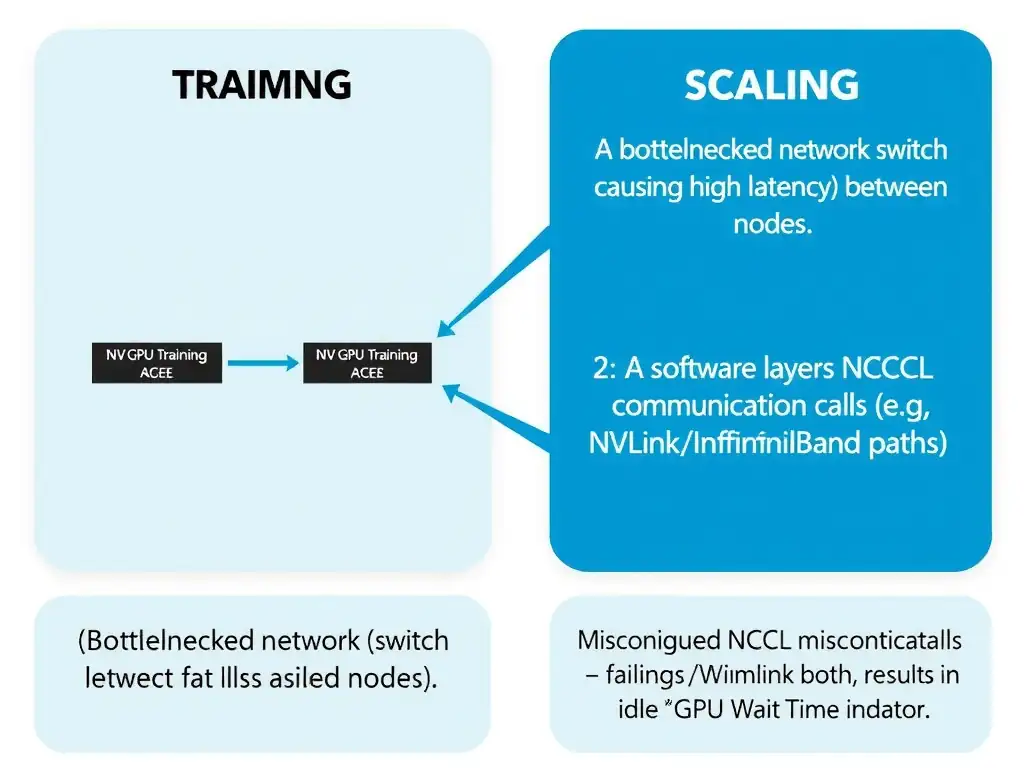 The image should illustrate a multi-node GPU cluster training setup. It should highlight two key failure points for scaling: 1) A bottlenecked network switch (slow interconnect) causing high latency between nodes, and 2) A software layer showing misconfigured NCCL communication calls (e.g. failing to use NVLink/InfiniBand paths), both resulting in idle "GPU Wait Time" indicators.