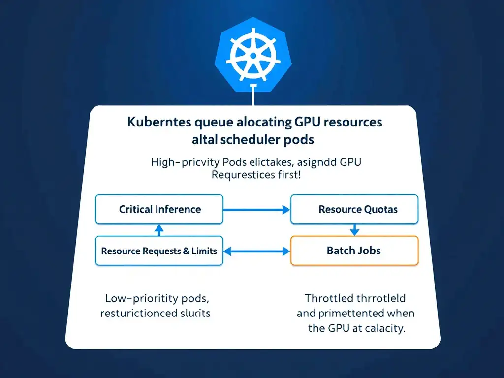 The image should depict a Kubernetes cluster diagram. It should show a scheduler queue allocating GPU resources. High-priority pods (labeled "Critical Inference") are assigned GPU resources first via "Resource Requests & Limits", while low-priority pods (labeled "Batch Jobs") are restricted by "Resource Quotas" and throttled or preempted when the GPU is at capacity.