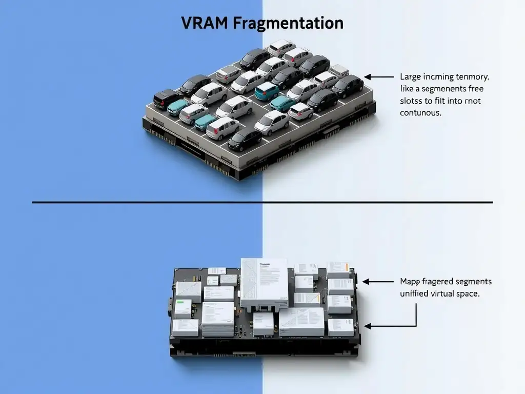The image should illustrate VRAM fragmentation. Show a block of GPU memory divided into small allocated and free segments (like a fragmented hard drive or parking lot). A large incoming tensor is shown trying to fit into the memory but fails because the free slots are not contiguous. The second half of the image should show NVIDIA Unified Memory enabling page migration, mapping these fragmented segments into a unified virtual space to allow the allocation to succeed.
