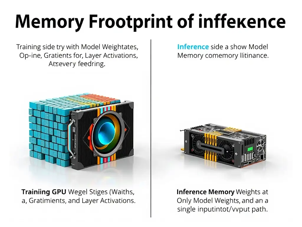 The image should compare the memory footprint of training vs. inference. On the Training side, show a GPU filled with Model Weights, Optimizer States (Adam), Gradients, and Layer Activations, along with a large training dataset feeding in. On the Inference side, show a much smaller memory utilization containing only Model Weights and a single input/output path, highlighting the stark contrast in VRAM requirements.